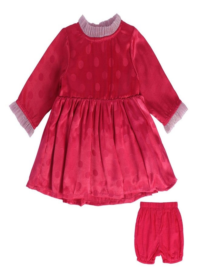 miniklub Baby Frill Neck Above Knee Length Knitted Cotton Red Color Dress With Bloomer (3-6M) - Image 1