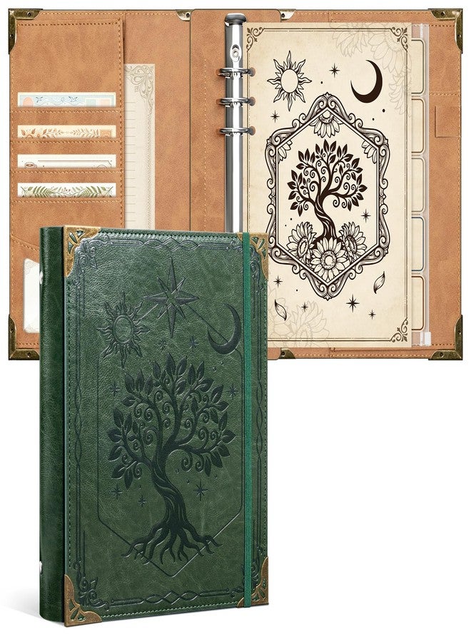 Ospelelf Vintage A5 Journal Binder Pu Leather 6 Ring Binder Cover With Dividers Zipper Pouch Refillable Planner Organizer For Diary Budgeting Green Tree