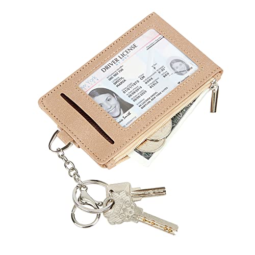 Cynure Women & Men Keychain Card Holder Case Zipper Slim Minimalist Front Pocket Wallet with 2 ID Window, Champagne Gold - Image 3