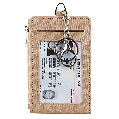 Cynure Women & Men Keychain Card Holder Case Zipper Slim Minimalist Front Pocket Wallet with 2 ID Window, Champagne Gold - Image 1