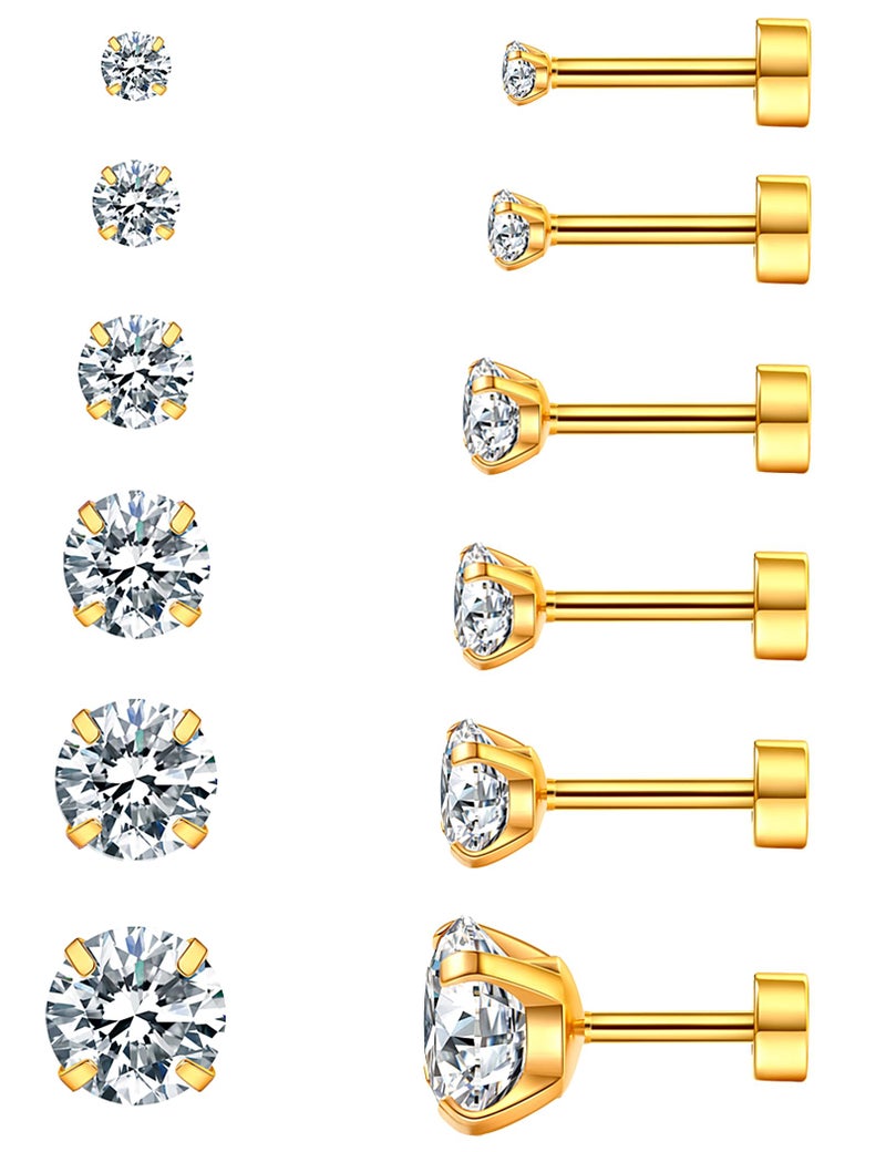 WSSXC 6 Pairs Hypoallergenic Cubic Zirconia Earrings Surgical Steel Flat Back Studs for Cartilage, Screw Back Fashion Jewelry - Image 1