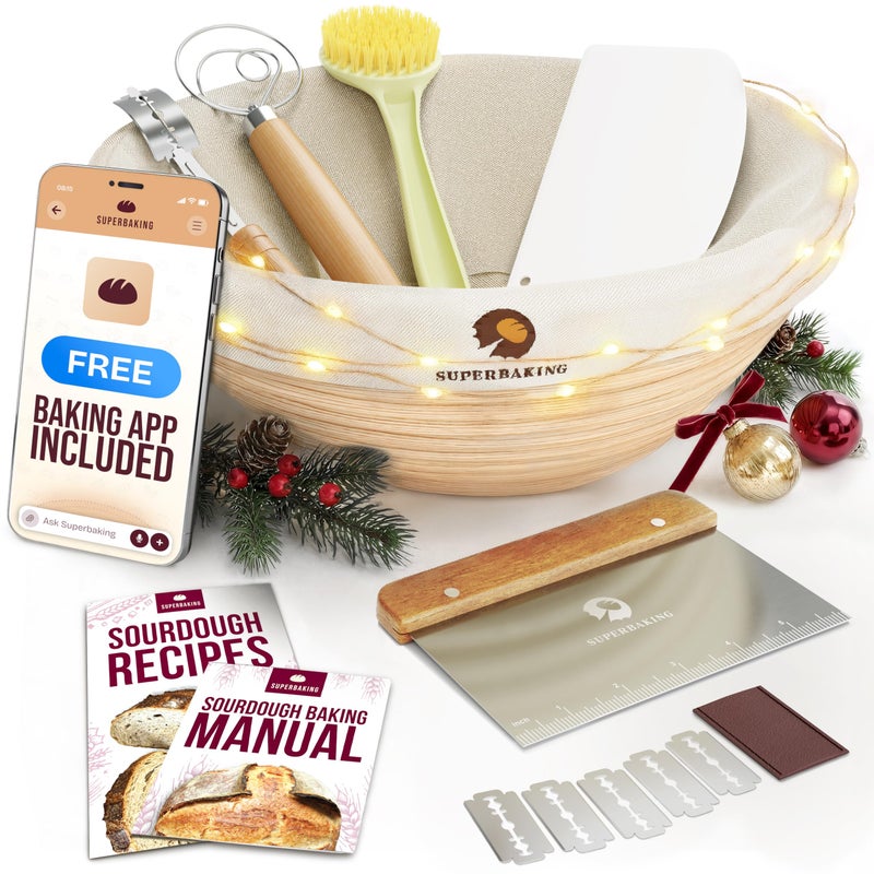 Superbaking Banneton Bread Proofing Basket, Sourdough Bread Baking Supplies, Round 9 Inch Sourdough Starter Kit, Proofing Basket for Baking, Bread Making Supplies Tools, Banneton Basket Gift Set - Image 1