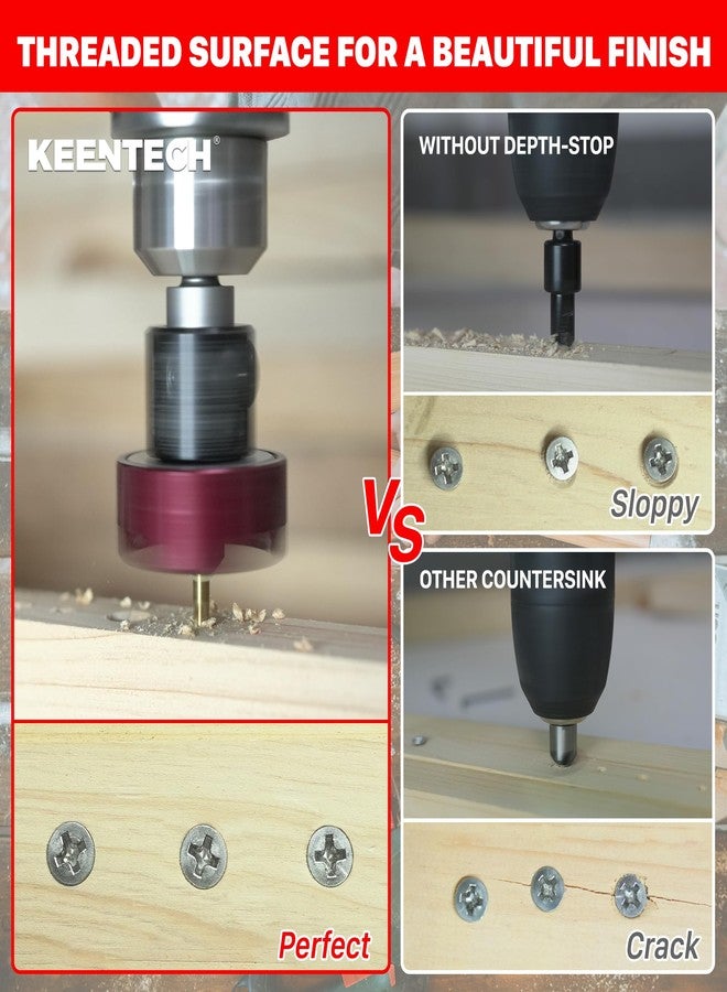 KEENTECH Carbide Tipped 82° Countersink Drill Bit with Depth Stop, 3/8" Dia x 1/8" Drill Diameter x 1/4" Shank, Adjustable Depth Stop with Ball Bearing for High Fine Finish on Softwood and Hardwood - Image 3