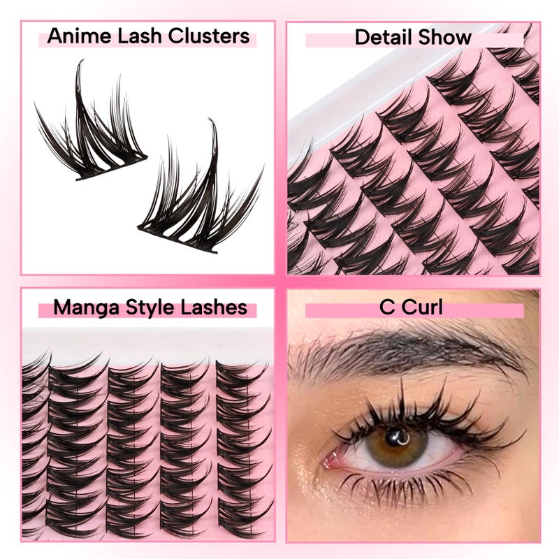 Fyonas Lash Clusters Kit Manga Eyelash Clusters Spiky Lash Extension Kit 80Pcs C Curl Natural Cluster Eyelash Extensions with Waterproof Lash Glue and Tweezers DIY at Home (Cutey Kit-A) - Image 2
