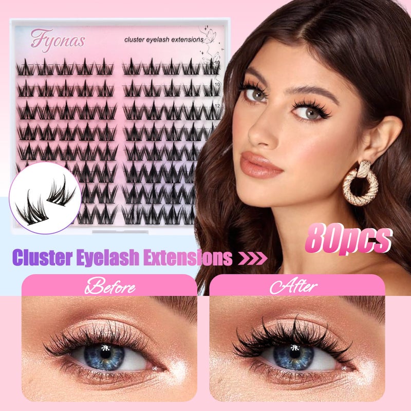 Fyonas Lash Clusters Kit Manga Eyelash Clusters Spiky Lash Extension Kit 80Pcs C Curl Natural Cluster Eyelash Extensions with Waterproof Lash Glue and Tweezers DIY at Home (Cutey Kit-A) - Image 3