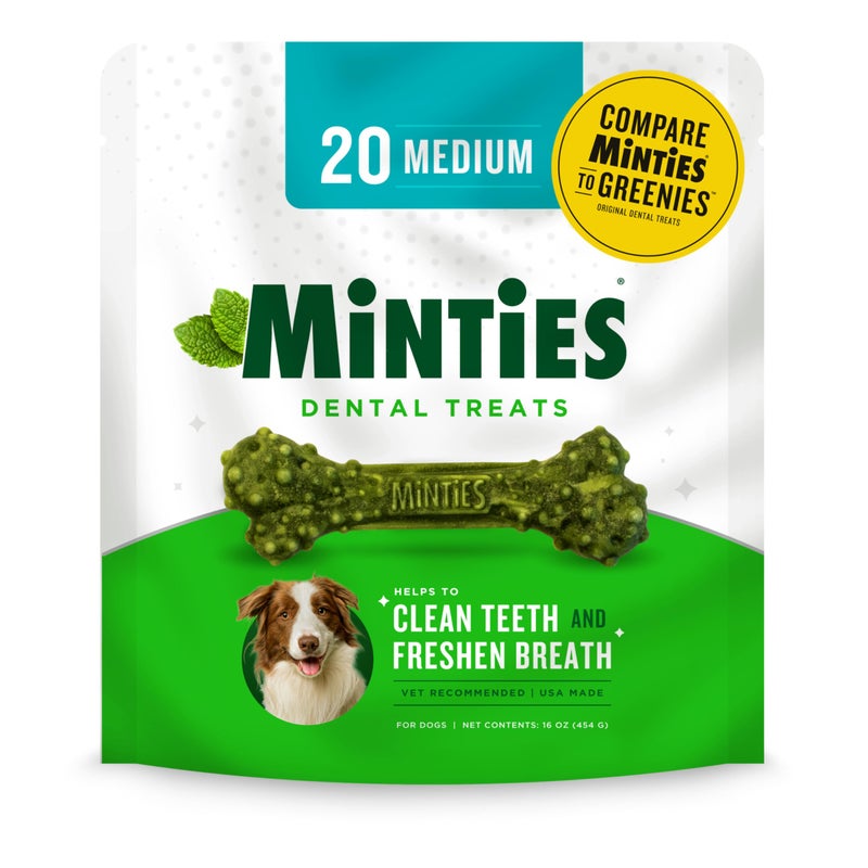 Minties Dental Chews for Dogs, 20 Count, Vet-Recommended Mint-Flavored Dental Treats for Medium Dogs 25-50 lbs, Dental Bones Clean Teeth, Fight Bad Breath, and Removes Plaque and Tartar - Image 1