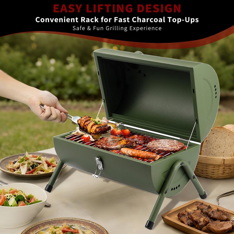 DNKMOR Portable Charcoal Grill, Tabletop Outdoor Barbecue Smoker, Small BBQ Grill for Outdoor Cooking Backyard Camping Picnics Beach by DNKMOR GREEN - Image 2