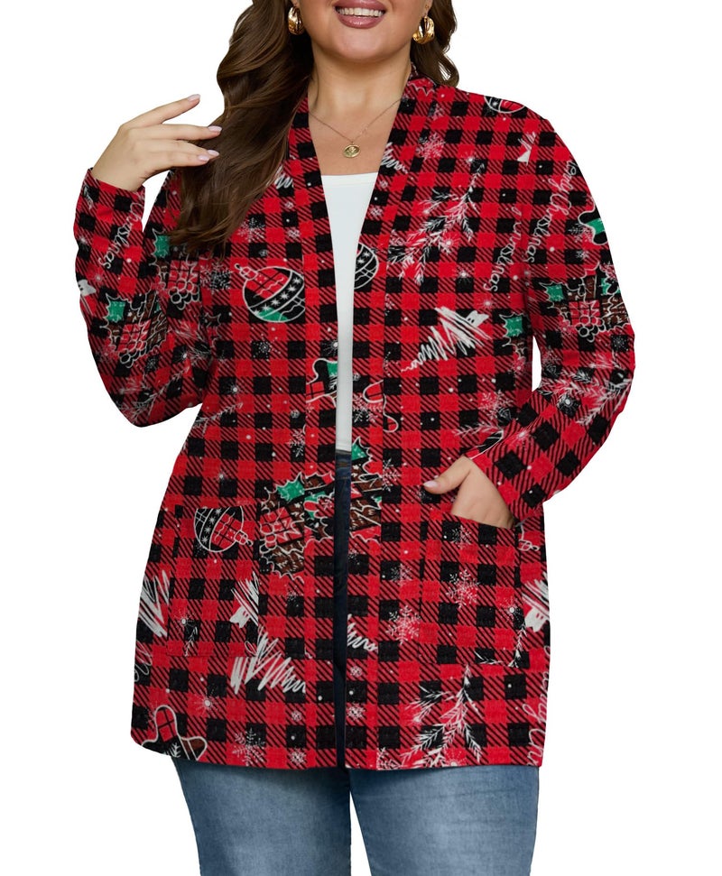 OLRIK Ugly Christmas Cardigan For Women Long Sleeve Lightweight Jacket Open Front FP-Red Black Plaid Bomb-3X - Image 1