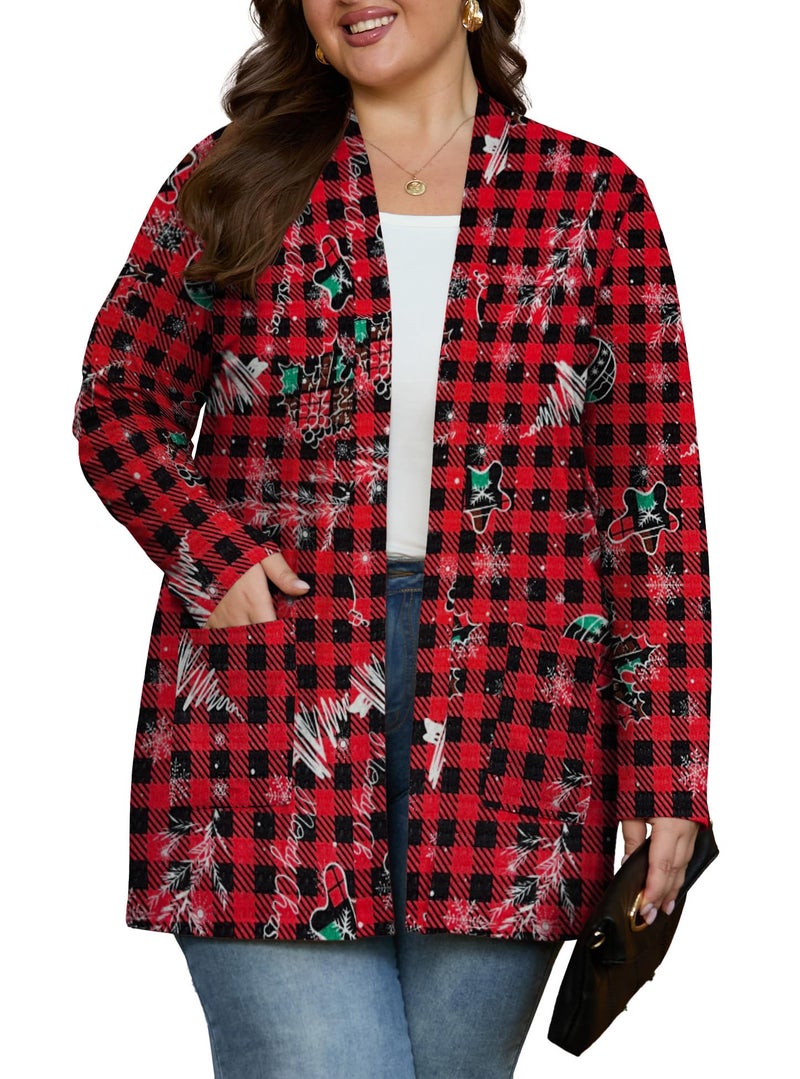 OLRIK Ugly Christmas Cardigan For Women Long Sleeve Lightweight Jacket Open Front FP-Red Black Plaid Bomb-3X - Image 2