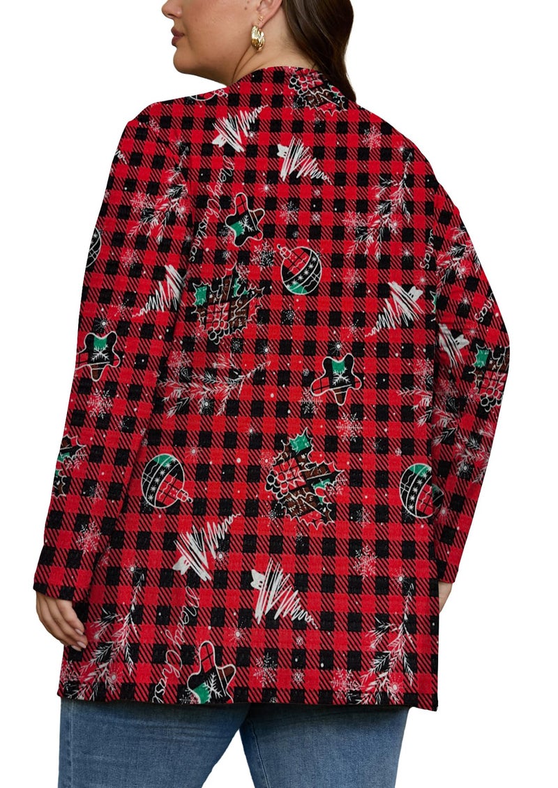 OLRIK Ugly Christmas Cardigan For Women Long Sleeve Lightweight Jacket Open Front FP-Red Black Plaid Bomb-3X - Image 4