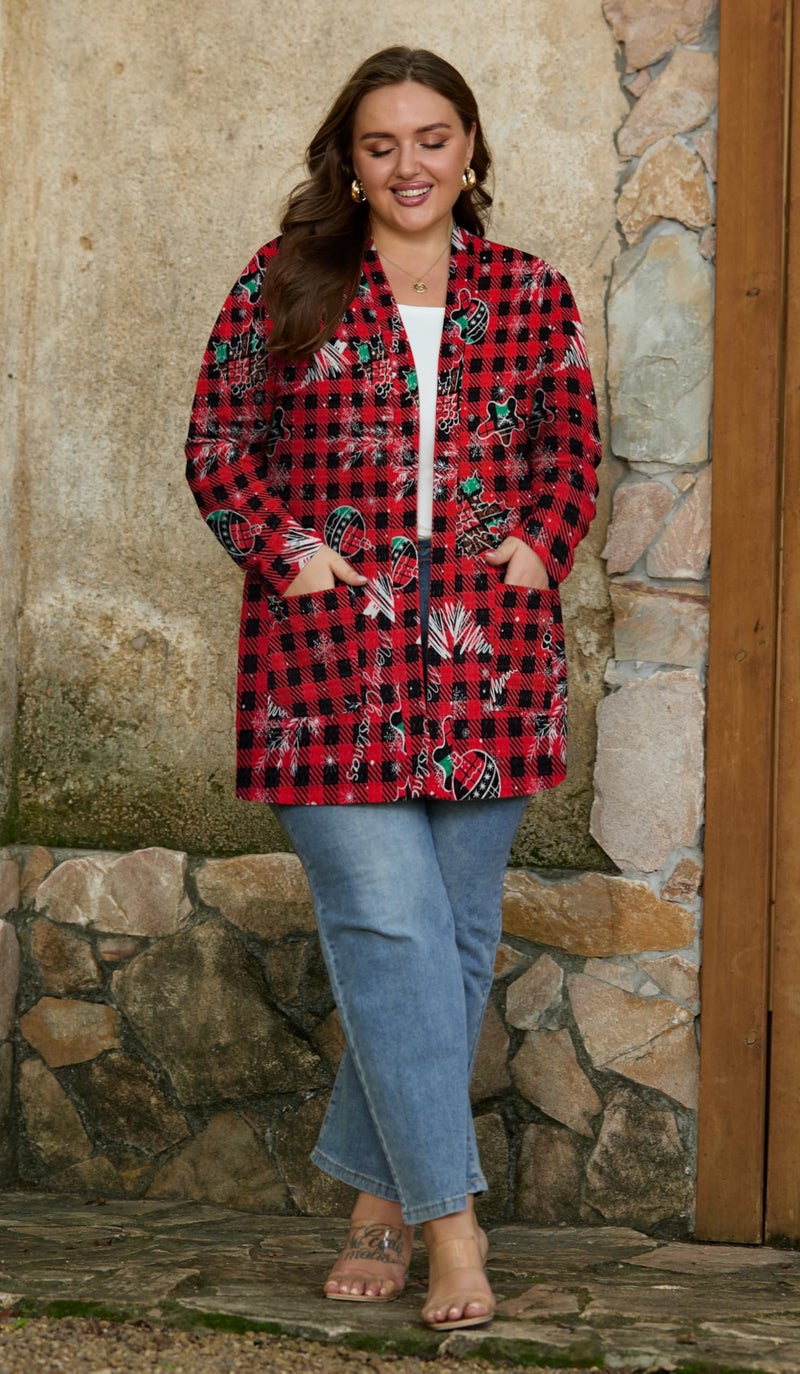 OLRIK Ugly Christmas Cardigan For Women Long Sleeve Lightweight Jacket Open Front FP-Red Black Plaid Bomb-3X - Image 3