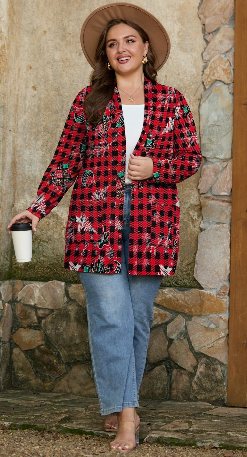 OLRIK Ugly Christmas Cardigan For Women Long Sleeve Lightweight Jacket Open Front FP-Red Black Plaid Bomb-3X - Image 5
