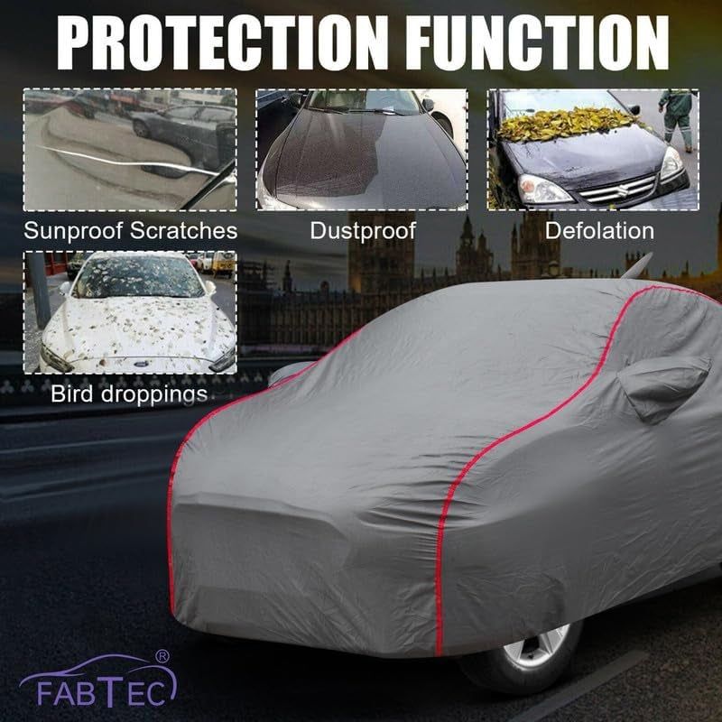 FABTEC Waterproof Premium Car Cover for Maruti Baleno New with Mirror and Antenna Pocket Super Waterproof Car Body Cover Heavy Duty Durable Peva Grey with Red Piping - Image 3