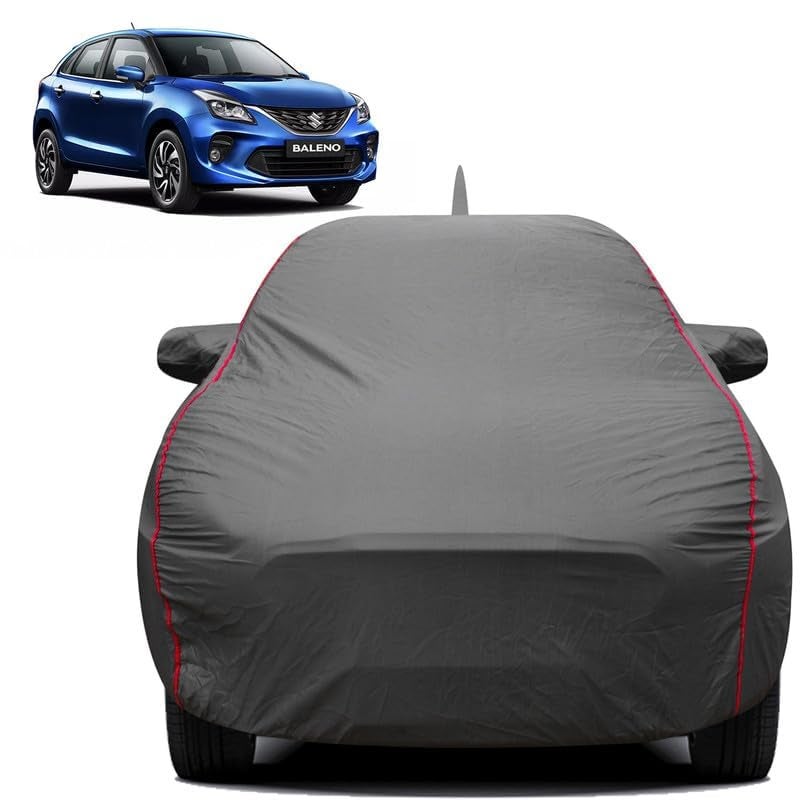 FABTEC Waterproof Premium Car Cover for Maruti Baleno New with Mirror and Antenna Pocket Super Waterproof Car Body Cover Heavy Duty Durable Peva Grey with Red Piping - Image 2