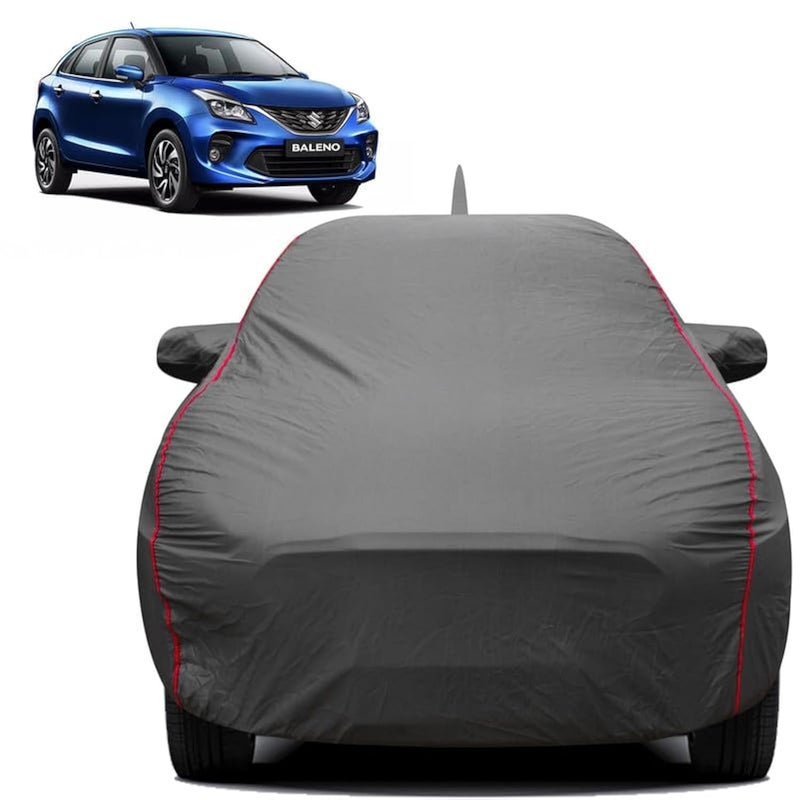 FABTEC Waterproof Premium Car Cover for Maruti Baleno New with Mirror and Antenna Pocket Super Waterproof Car Body Cover Heavy Duty Durable Peva Grey with Red Piping - Image 1
