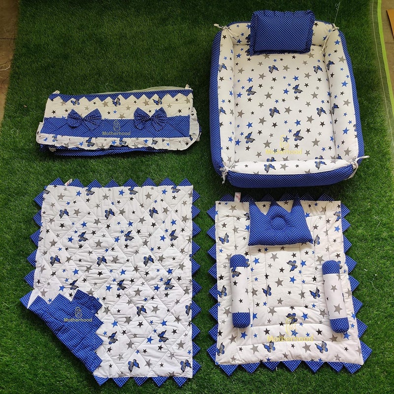 MOTHERHOOD MOTHERHOOD 1 Box Baby Tub Bed with 1 Baby Cradle Hammock 1 Large Baby Blanket 1 Baby Mattress and 4 pc Baby Pillow Luxury Baby Mattress Bed Sleeper Bedding Set coSleeper Blue - Image 1