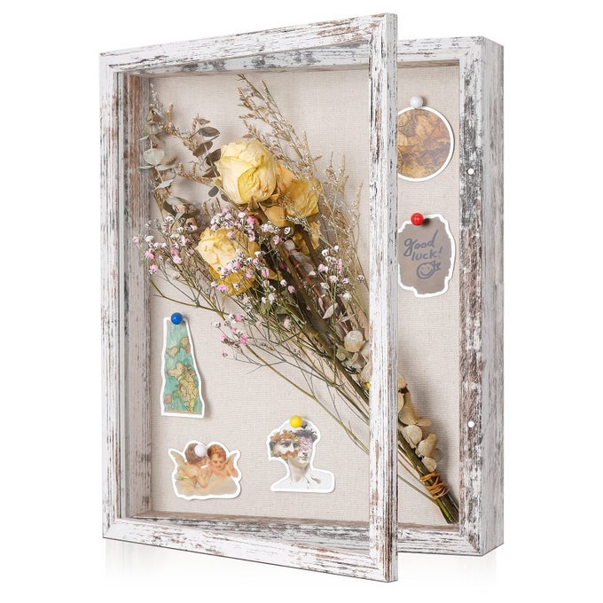 12X16 LARGE SHADOW BOX FRAME WITH LINEN BACK PLEXIGLASS COVER STURDY RUSTIC MEMORY DISPLAY CASE OF FLOWER PICTURES MEDALS AND MORE DISTRESSED WHITE