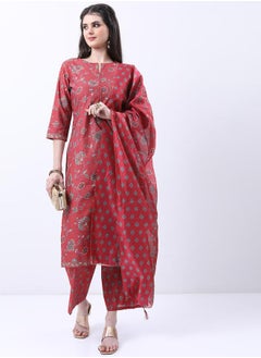Vishudh Red Floral Printed Kurta Set with Palazzo Pants and Dupatta  - Image 1