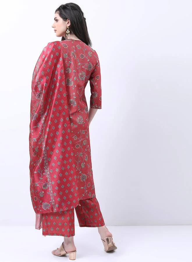Vishudh Vishudh Red Floral Printed Kurta Set with Palazzo Pants and Dupatta