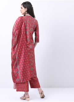 Vishudh Red Floral Printed Kurta Set with Palazzo Pants and Dupatta  - Image 3