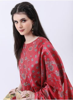 Vishudh Red Floral Printed Kurta Set with Palazzo Pants and Dupatta  - Image 2
