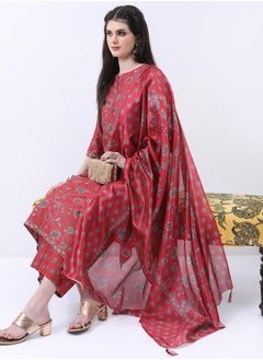 Vishudh Red Floral Printed Kurta Set with Palazzo Pants and Dupatta  - Image 4