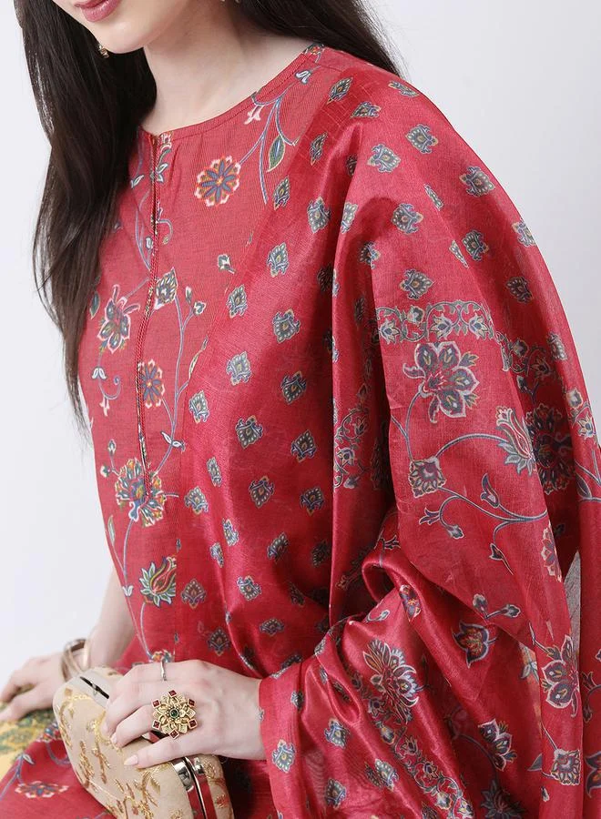 Vishudh Vishudh Red Floral Printed Kurta Set with Palazzo Pants and Dupatta