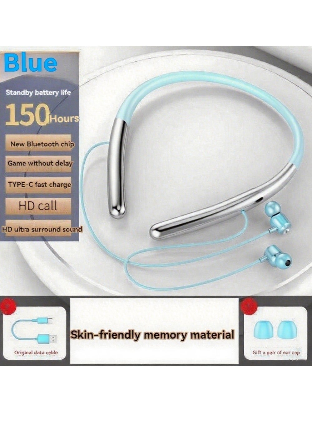 New Neck-hanging Bluetooth Headset Super Long Battery Life Headset Neck-hanging Sports Wireless Bluetooth Earphone Blue
