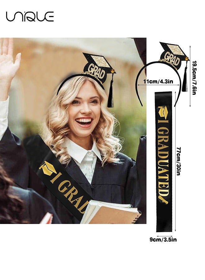 Unique 2Pcs Graduation Headband and Shoulder Straps for Congrats Grad Party Supplies Bachelor Cap Headband with Doctoral Hat Black Sash Satin Tassels Tiaras for Graduation Party Dress up Photo  - Image 2