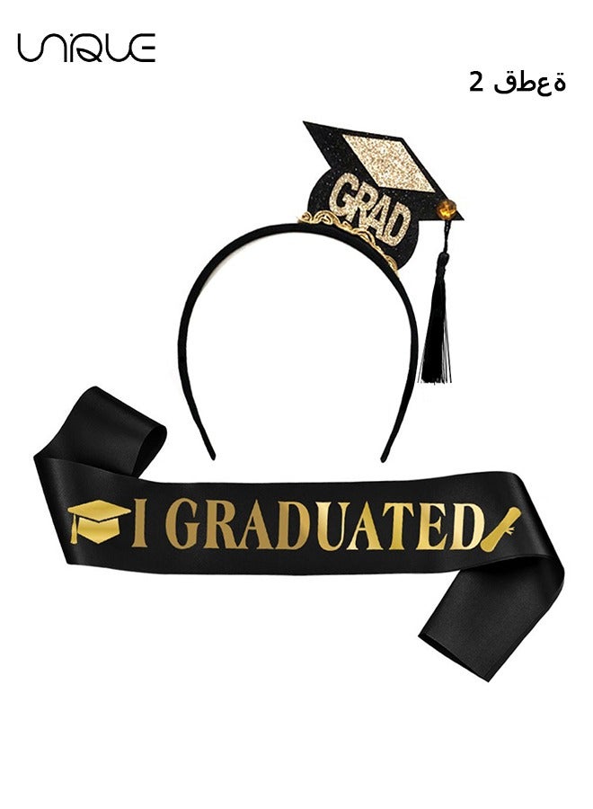 Unique 2Pcs Graduation Headband and Shoulder Straps for Congrats Grad Party Supplies Bachelor Cap Headband with Doctoral Hat Black Sash Satin Tassels Tiaras for Graduation Party Dress up Photo  - Image 1