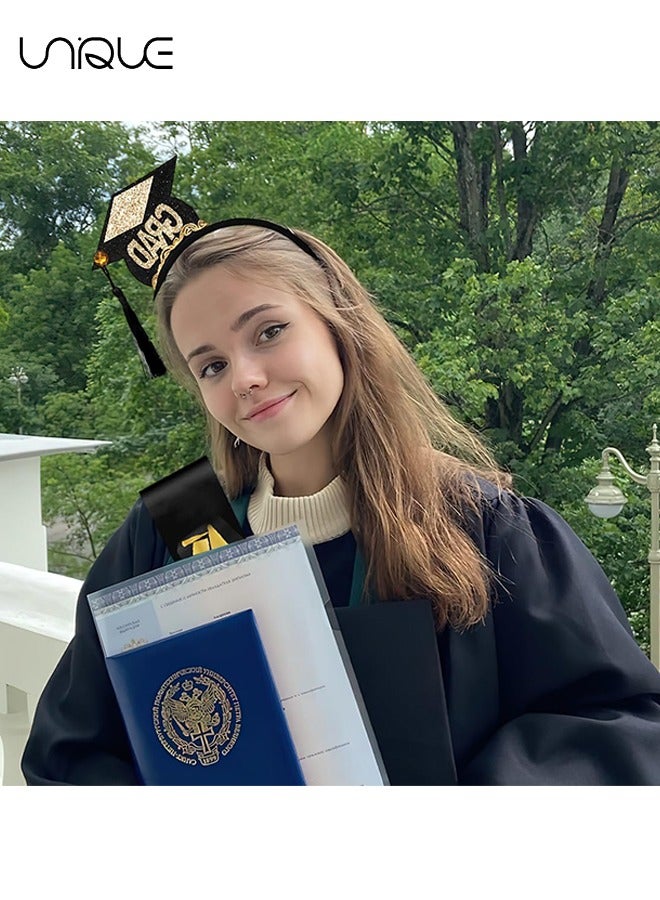 Unique 2Pcs Graduation Headband and Shoulder Straps for Congrats Grad Party Supplies Bachelor Cap Headband with Doctoral Hat Black Sash Satin Tassels Tiaras for Graduation Party Dress up Photo  - Image 3