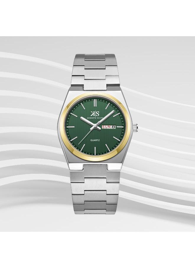 KENNETH SCOTT Kenneth Scott K24011-TBSH Men's Analog Display Watch & Stainless Steel Strap Silver  - Image 2
