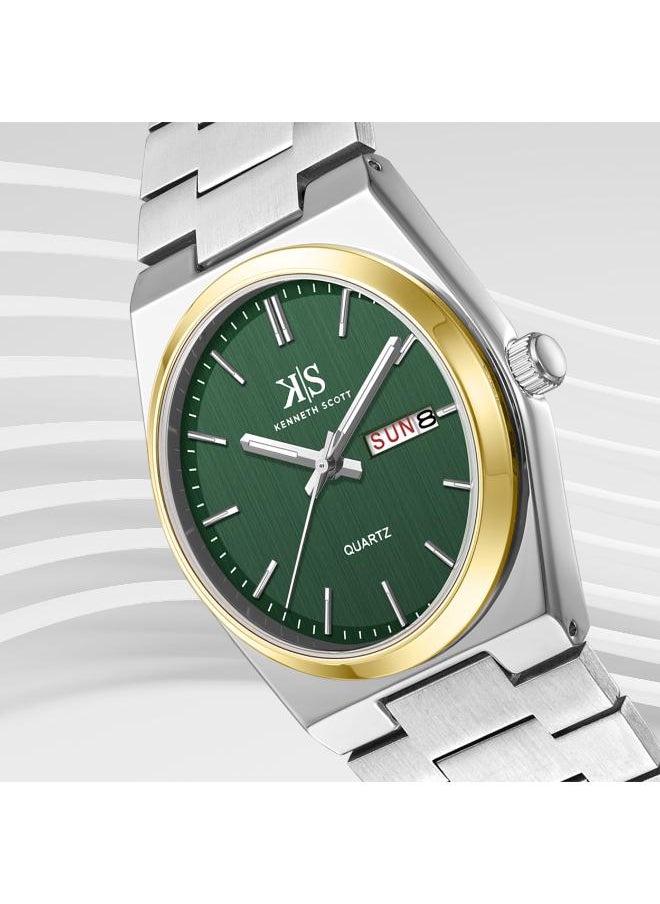 KENNETH SCOTT Kenneth Scott K24011-TBSH Men's Analog Display Watch & Stainless Steel Strap Silver  - Image 3