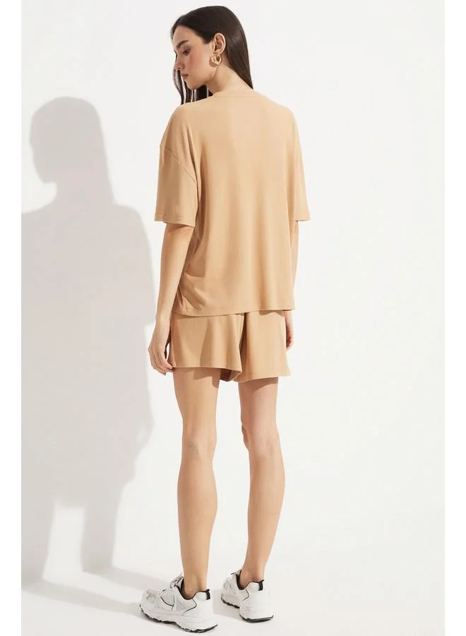 JUNE June Women's Viscose Blend Ribbed T-Shirt and Shorts Knit Set