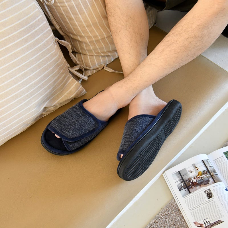 DL Adjustable-Mens-Slippers-Memory-Foam, Open Toe House Slippers for Men Indoor Outdoor, Breathable Slide Bedroom Slippers for Men Anti-Slip Rubber Sole (Grey Blue, 11-12) - Image 2