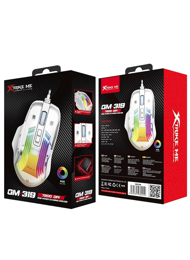 XTRIKE ME - Wired gaming mouse for computer and laptop, RGB, model GM-319, white - for home and office use, comfortable design for the hand and bright colors - Image 1
