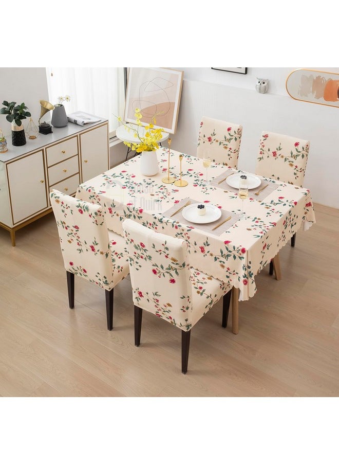 HOUSE OF QUIRK - House of Quirk Dining Chair Cover with Table Covers for Kitchen Waterproof Dining Table Cloth (Beige Tulip, 1 Table Cover + 4 Chair Cover) - Image 1