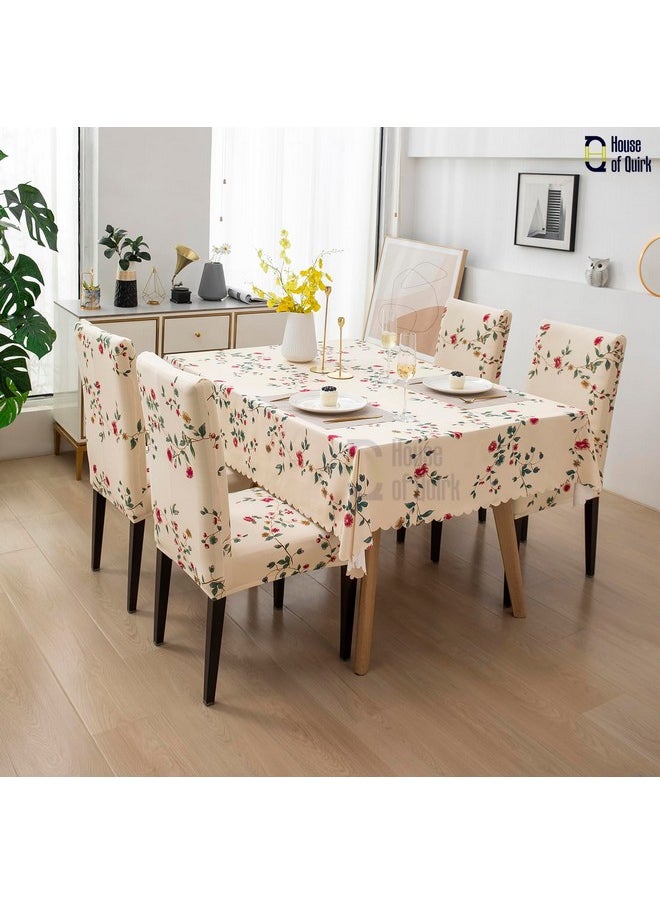 HOUSE OF QUIRK - House of Quirk Dining Chair Cover with Table Covers for Kitchen Waterproof Dining Table Cloth (Beige Tulip, 1 Table Cover + 4 Chair Cover) - Image 1