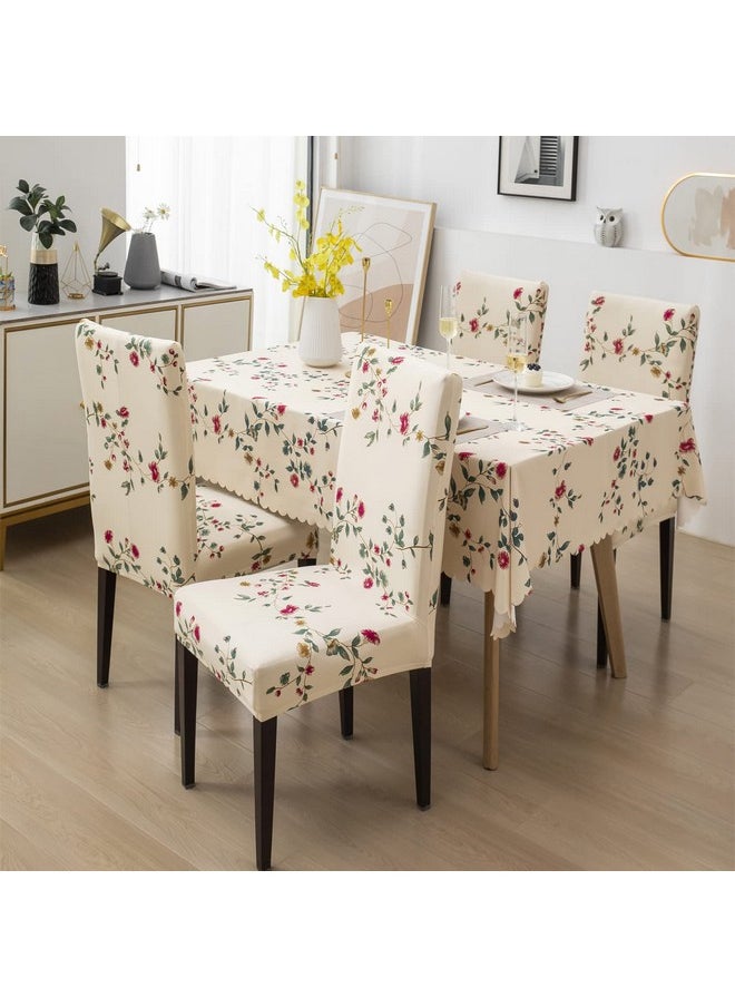 HOUSE OF QUIRK - House of Quirk Dining Chair Cover with Table Covers for Kitchen Waterproof Dining Table Cloth (Beige Tulip, 1 Table Cover + 4 Chair Cover) - Image 1