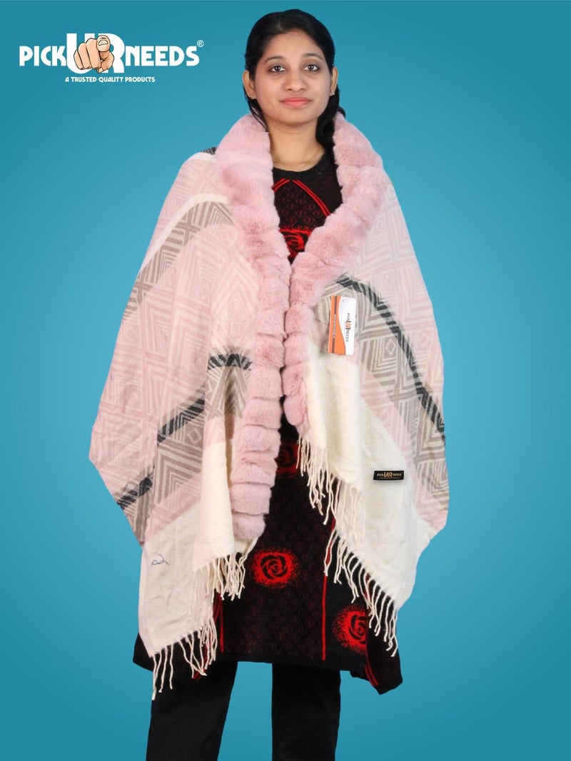 Pick Ur Needs Elegant Winter Soft & Warm Woolen Shawl with Faux Fur Border Multi Color Pattern Scarf (Pink 3) - Image 3