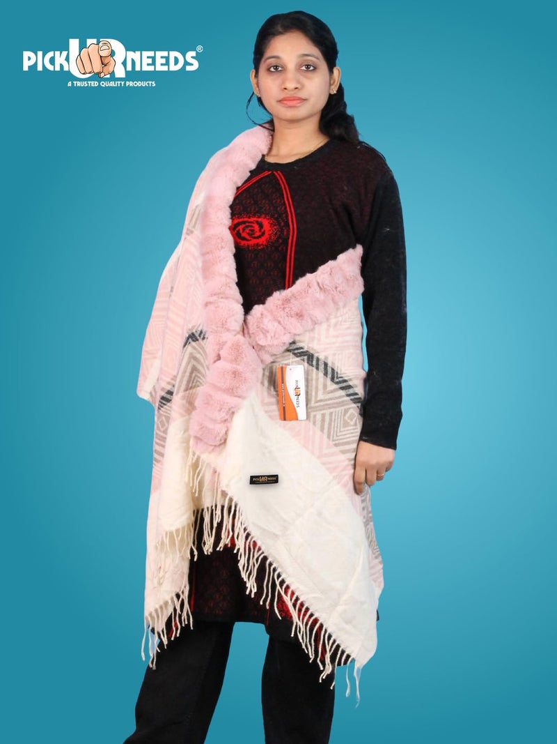 Pick Ur Needs Elegant Winter Soft & Warm Woolen Shawl with Faux Fur Border Multi Color Pattern Scarf (Pink 3) - Image 4