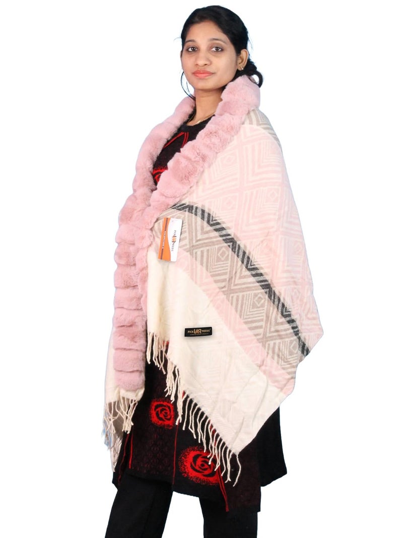 Pick Ur Needs Elegant Winter Soft & Warm Woolen Shawl with Faux Fur Border Multi Color Pattern Scarf (Pink 3) - Image 1