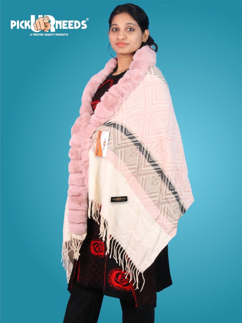 Pick Ur Needs Elegant Winter Soft & Warm Woolen Shawl with Faux Fur Border Multi Color Pattern Scarf (Pink 3) - Image 5