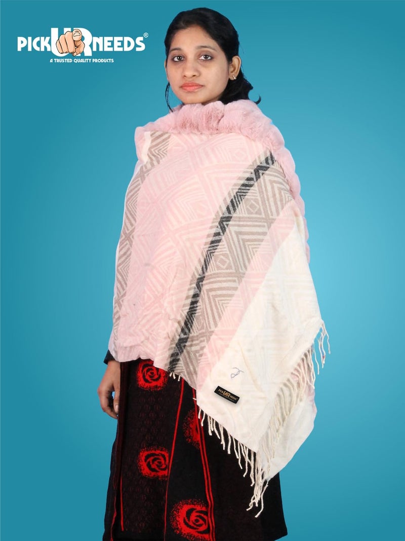 Pick Ur Needs Elegant Winter Soft & Warm Woolen Shawl with Faux Fur Border Multi Color Pattern Scarf (Pink 3) - Image 2