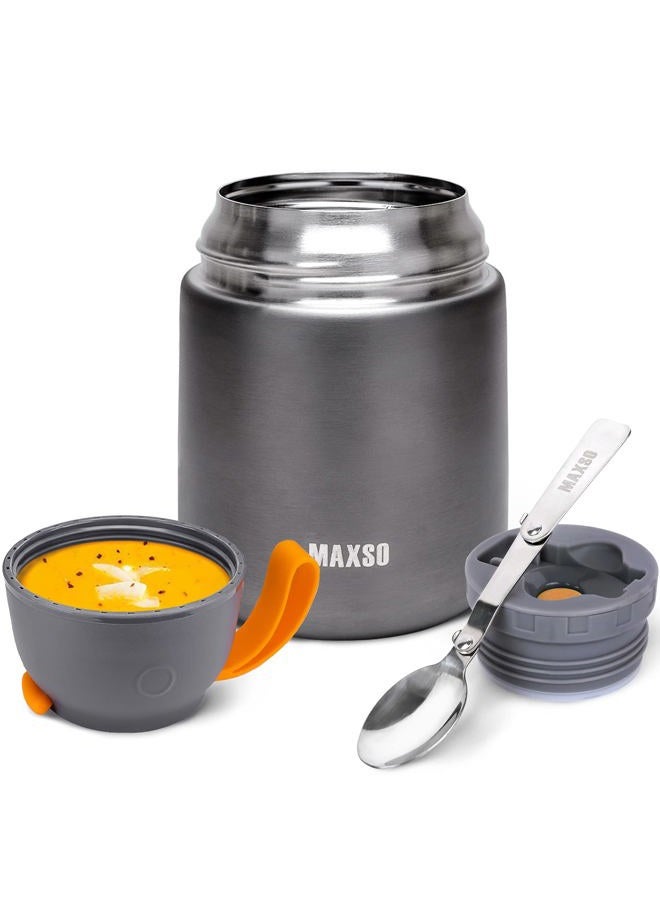 MAXSO Soup Thermo for Hot & Cold Food for Adults Kids, 17 oz Vacuum Insulated Steel Lunch Container Bento Box with Spoon, Leakproof Thermal Food Jar for School Office Travel - Grey - Image 1