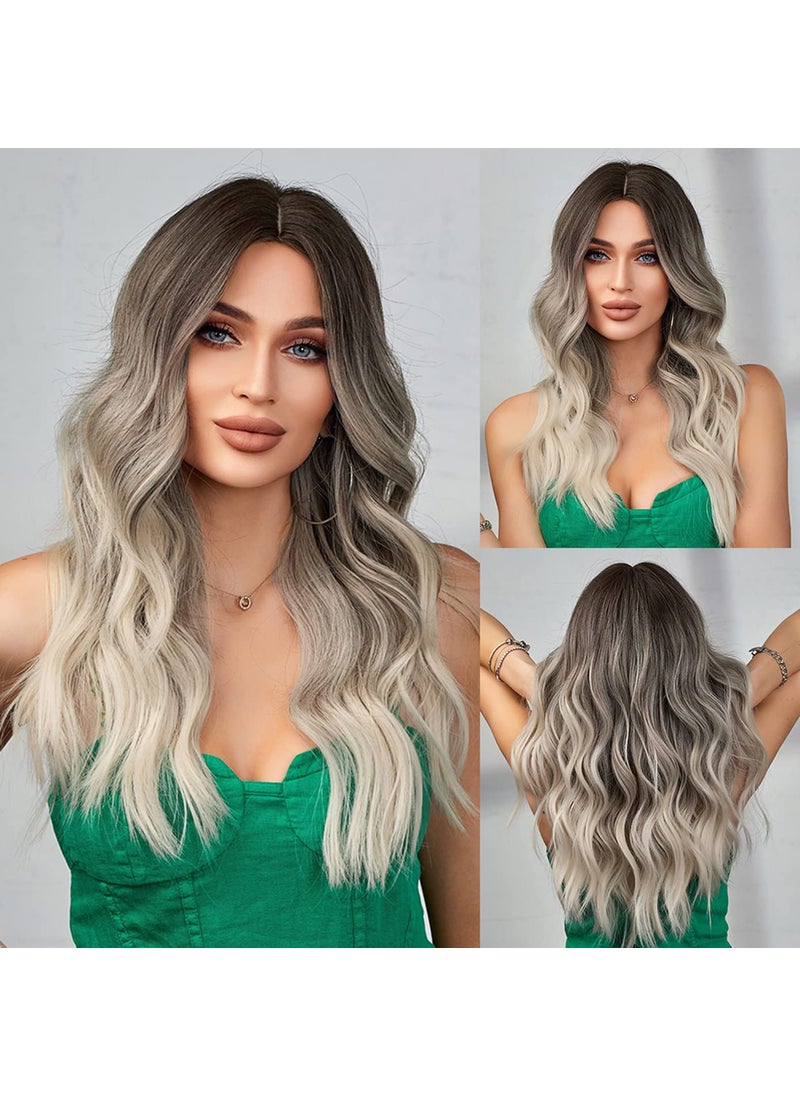 BERON BERON Blonde Ombre Wigs Long Wavy Wig for Women Platinum Curly Heat Resistant Synthetic Hair Wigs for Daily Used with Wig Cap 