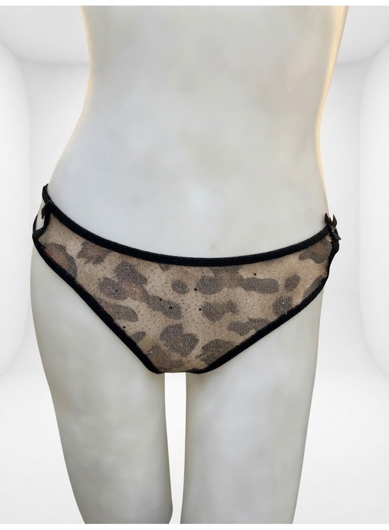 Sheer Leopard Print Mesh Brief with Bow Accents - Image 1