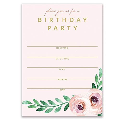 Digibuddha DB Party Studio Pink Birthday Party Invitations Delicate Modern Floral Fill In Invites with Envelopes Pack of 25 Large 5x7 Blank 21st 30th Sweet 16 Adult or Child Kid Girl Bday Parties VI0072B - Image 1