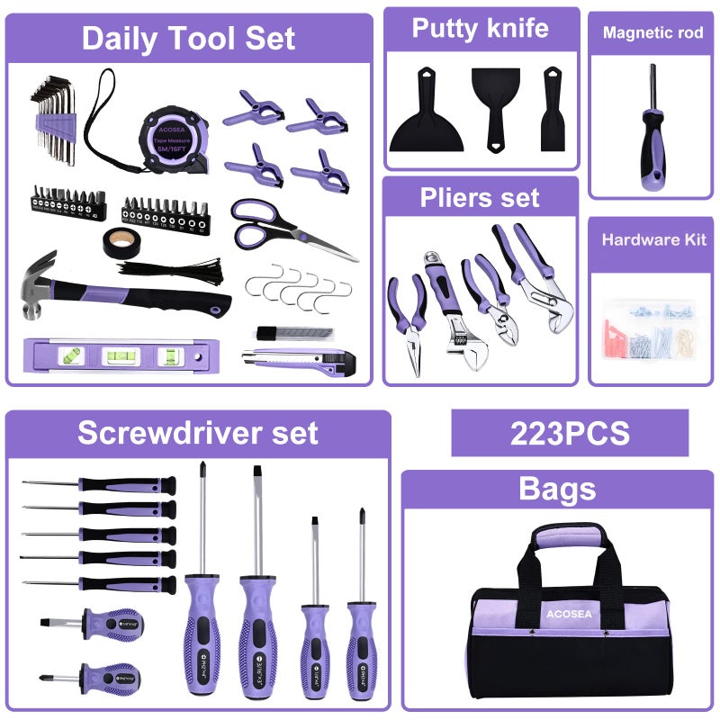 ACOSEA Purple Tool Set,223-Piece Tool Sets for Women,Tool Kit with 13-Inch Wide Mouth Open Purple Tool Bag,The Basic Tool Set is Perfect for Home Maintenance (PURPLE) - Image 3