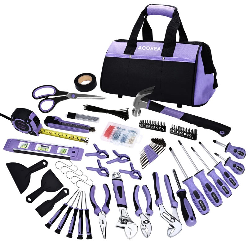 ACOSEA Purple Tool Set,223-Piece Tool Sets for Women,Tool Kit with 13-Inch Wide Mouth Open Purple Tool Bag,The Basic Tool Set is Perfect for Home Maintenance (PURPLE) - Image 1